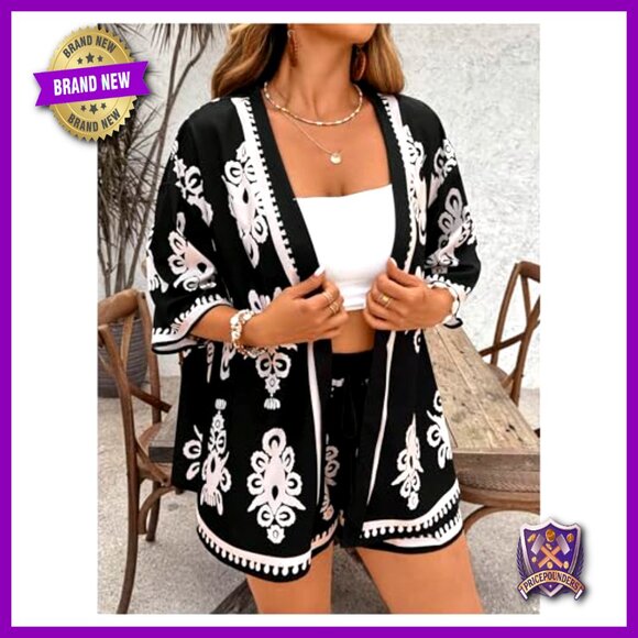 Plus Size Leopard Print Kimono Shorts Set Summer Vacation Outfit - Picture 4 of 5